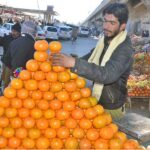 A vendor displaying oranges on his cart to attract customers at roadside