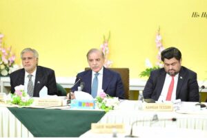 Prime Minister Muhammad Shehbaz Sharif at a round table discussion with the leading health professions at Aga Khan University