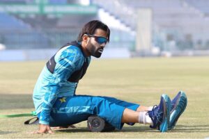Pakistan's Muhammad Rizwan warming up before a practice session at Multan Cricket Stadium, ahead of their first Test cricket match against the West Indies.