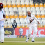 Pakistan's Sajid Khan celebrates after taking the wicket of West Indies' captain Kraigg Brathwaite during the third day of the first Test cricket match between Pakistan and West Indies at the Multan Cricket Stadium
