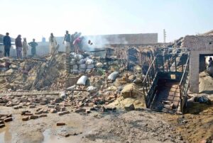 A view of dead livestock at the incident site amidst the debris of destroyed houses after a liquefied petroleum gas (LPG) tanker truck exploded near an industrial area.