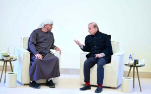 Prime Minister Muhammad Shehbaz Sharif meets the President of U.A.E., His Highness Sheikh Mohammad bin Zayed Al Nahyan.