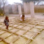 A worker is busy crafting a stick roof for his home, skillfully arranging the materials to ensure a sturdy and functional structure