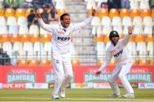 Pakistan's Sajid Khan celebrates after taking the wicket of West Indies' captain Kraigg Brathwaite during the third day of the first Test cricket match between Pakistan and West Indies at the Multan Cricket Stadium