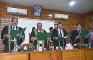 Justice Muhammad Hashim Khan Kakar of the Balochistan High Court administering the oath to three additional judges—Muhammad Najmuddin Mengal, Muhammad Ayub Tareen, and Muhammad Asif Reki .