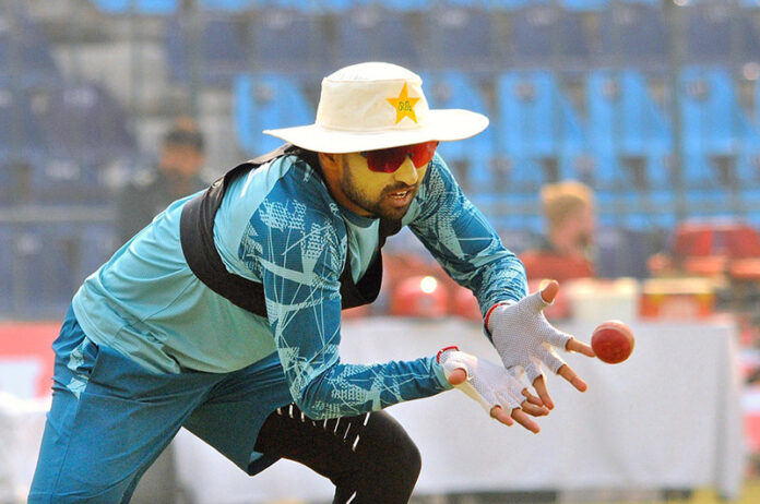 Pakistan player attend a practice session ahead of the first Test Cricket Match against West Indies at Multan Cricket Stadium