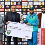 Pakistan’s Sajid Khan receiving Player of the Match award during the third day of the first Test cricket match between Pakistan and West Indies at the Multan Cricket Stadium