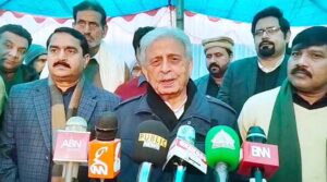 Federal Minister for Industries and Production Rana Tanveer Hussain talks to the media.