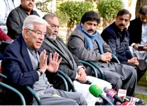 Defense Minister Khawaja Muhammad Asif is addressing to media persons at his residence at Cantt.