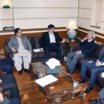Sindh Chief Minister Syed Murad Ali Shah and Federal Minister for National Food Security & Research (NFSR) and Industries & Production Rana Tanveer meet at the New Sindh Secretariat