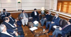 Sindh Chief Minister Syed Murad Ali Shah and Federal Minister for National Food Security & Research (NFSR) and Industries & Production Rana Tanveer meet at the New Sindh Secretariat
