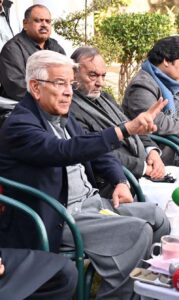 Defense Minister Khawaja Muhammad Asif is addressing to media persons at his residence at Cantt.