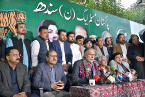Federal Minister for Planning, Development and Special Initiatives and Secretary General of the Pakistan Muslim League (N) Prof Ahsan Iqbal along with party Leaders addressing Press Conference during Visiting of the Pakistan Muslim League (N) House