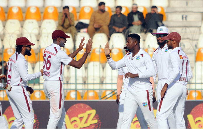 West Indies' wicketkeeper Tevin Imlach appeals for leg before wicket (LBW) against Pakistan's captain Shan Masood during the second day of the second Test cricket match between Pakistan and West Indies at the Multan Cricket Stadium