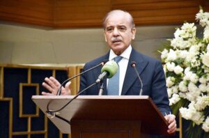 Prime Minister Muhammad Shehbaz Sharif addresses a ceremony organized to celebrate Pakistan Stock Exchange's achievement of being the world's second best performing stock exchange in 2024