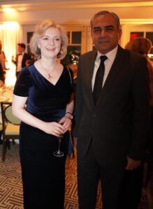 Federal Minister for Interior Mohsin Naqvi in a meeting with former Prime Minister of the United Kingdom Liz Truss during a special dinner reception at the Lincoln Liberty Hall.