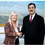 Chairman Senate, Syed Yousaf Raza Gilani shaking hands with newly elected Speaker of Irish Parliament, TD Verona Murphy