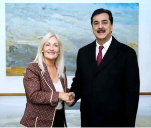 Chairman Senate, Syed Yousaf Raza Gilani shaking hands with newly elected Speaker of Irish Parliament, TD Verona Murphy
