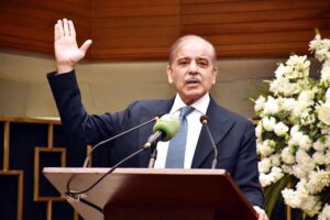 Prime Minister Muhammad Shehbaz Sharif addresses a ceremony organized to celebrate Pakistan Stock Exchange's achievement of being the world's second best performing stock exchange in 2024