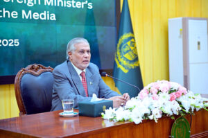 Deputy Prime Minister and Foreign Minister Senator Mohammad Ishaq Dar holds media briefing at Ministry of Foreign Affairs