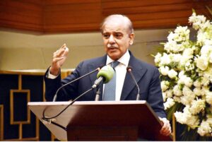 Prime Minister Muhammad Shehbaz Sharif addresses a ceremony organized to celebrate Pakistan Stock Exchange's achievement of being the world's second best performing stock exchange in 2024