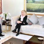 Chairman Senate, Syed Yousaf Raza Gilani being briefed by Margie Cook, Team Lead Mustehkam Parliamaan (MUP) about the initiatives aimed at capacity building of parliamentarians and staff of the Parliament