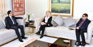 Chairman Senate, Syed Yousaf Raza Gilani being briefed by Margie Cook, Team Lead Mustehkam Parliamaan (MUP) about the initiatives aimed at capacity building of parliamentarians and staff of the Parliament