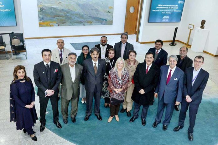 High level parliamentary delegation from Pakistan led by Chairman Senate, Syed Yousaf Raza Gilani in a group photo with newly elected Speaker of Irish Parliament, TD Verona Murphy