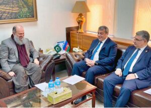 Federal Minister for Commerce Jam Kamal Khan and Azerbaijan's Ambassador Khazar Farhadov hold a crucial meeting to strengthen Pakistan-Azerbaijan economic ties. Focus on Trade House, Joint Chamber and B2B Forums."