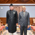 A photo of H.E. Vice Admiral (R) Faisal Rasul Lodhi, High Commissioner of Pakistan to the Maldives with H.E. Dr. Mohamed Muizzu, President of the Republic of the Maldives after Presentation of Credentials today at the President Office, Male'