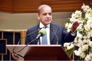 Prime Minister Muhammad Shehbaz Sharif addresses a ceremony organized to celebrate Pakistan Stock Exchange's achievement of being the world's second best performing stock exchange in 2024