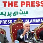 Federal Minister for Maritime Affairs, Qaiser Ahmed Sheikh addressing a Press Conference at National Press Club