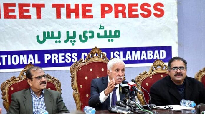 Federal Minister for Maritime Affairs, Qaiser Ahmed Sheikh addressing a Press Conference at National Press Club