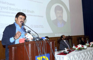 Sindh Minister for Education & Literacy, Syed Sardar Ali Shah, addresses an awareness seminar Redefining Education on transitioning from rote to conceptual learning through Assessment organized by IBCC ,Ministry of Federal Education and professional Training government of Pakistan at Dawood University of Engineering and Technology.