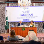 Deputy Prime Minister and Foreign Minister Senator Mohammad Ishaq Dar delivers remarks to mark the beginning of Pakistan’s term as a non-permanent member of the United Nations Security Council (UNSC) for the years 2025-2026 at a reception hosted for Islamabad based envoys at Ministry of Foreign Affairs