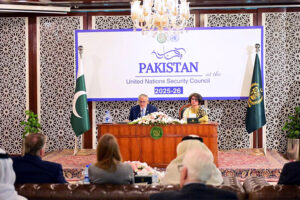 Deputy Prime Minister and Foreign Minister Senator Mohammad Ishaq Dar delivers remarks to mark the beginning of Pakistan’s term as a non-permanent member of the United Nations Security Council (UNSC) for the years 2025-2026 at a reception hosted for Islamabad based envoys at Ministry of Foreign Affairs