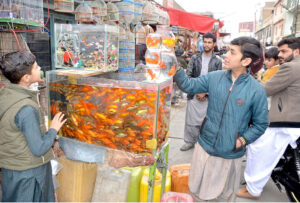 A young boy shows interest in buying fish as pets at Bird Market, in the city