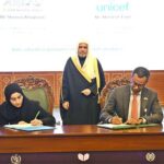 Secretary General of the Muslim World League, Sheikh Dr. Mohammed bin Abdulkarim al-Issa, witnesses Signing of International Partnership Agreements between General Manger of Strategic Partnership Dr. Shaima Allugmmani with representative UNICEF Pakistan Country Office Abdullah Fadil during Closing ceremony of the International Conference Girls Education at Jinnah convention Centre