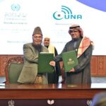 Secretary General of the Muslim World League, Sheikh Dr. Mohammed bin Abdulkarim al-Issa, witnesses Signing of International Partnership Agreements between Advisor to the Muslim World League Abdul Karim Baksh with General Manager of the Union of News Agencies of the Organization of Islamic Cooperation, Muhammad Al Yami during Closing ceremony of the International Conference Girls Education at Jinnah convention Centre