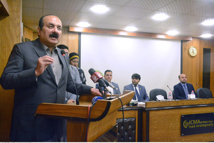 Chairman Prime Minister's Youth Program, Rana Mashhood Ahmad Khan, addressing the Certificate Awarding ceremony of PMYP at Institute of Cost and Management Accountants of Pakistan