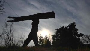 A man carrying a tree trunk on his head to be used as firewood on the way to his destination.