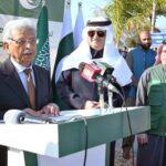 Federal Minister for National Food Security and Research Rana Tanveer Hussain addressing a ceremony as KSrelief launches major initiative to provide shelter NFIs and Winter Kits in Pakistan 2025 at Pakistan Sports Complex with Saudi Ambassador Nawaf Bin Said Al-Maliki