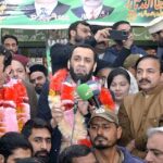 Federal Minister for Information and Broadcasting Attaullah Tarar is addressing a press conference at Gandhi Chowk in Green Town