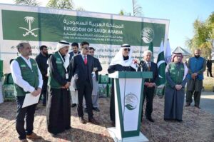 Federal Minister for National Food Security and Research Rana Tanveer Hussain addressing a ceremony as KSrelief launches major initiative to provide shelter NFIs and Winter Kits in Pakistan 2025 at Pakistan Sports Complex with Saudi Ambassador Nawaf Bin Said Al-Maliki