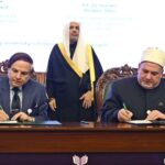 Secretary General of the Muslim World League, Sheikh Dr. Mohammed bin Abdulkarim al-Issa, witnesses Signing of International Partnership Agreements between Professor Dr. Sami Al-Sharif, Secretary General of the League of Islamic Universities with President of the international Islamic and Linguistics Universities, Dr Hussein Ibrahim Taha during Closing ceremony of the International Conference Girls Education at Jinnah convention Centre