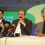 Chairman Prime Minister Youth Program, Rana Mashhood Ahmed Khan address a press conference at a program of National Youth Council (NYC) Sindh