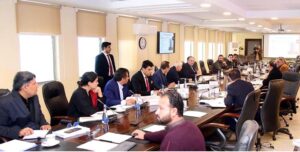 Federal Minister for Finance and Revenue Senator Muhammad Aurangzeb chairing a meeting of the Cabinet Committee on State-Owned Enterprises (CCoSOEs) at the Finance Division
