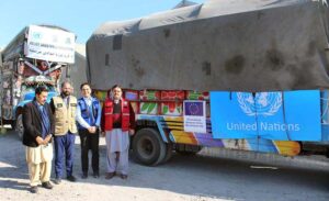 The convoy of 11 trucks loaded with relief goods dispatched by Pakistan National Disaster Management Authority (NDMA), in collaboration with UN agencies to Kurram District.