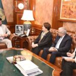 Minister of Education and Science Kyrgyzstan, Dogdurkul Kendirbaeva along with delegation meet Sindh Governor Kamran Khan Tessori at Governor House