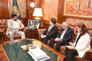 Minister of Education and Science Kyrgyzstan, Dogdurkul Kendirbaeva along with delegation meet Sindh Governor Kamran Khan Tessori at Governor House